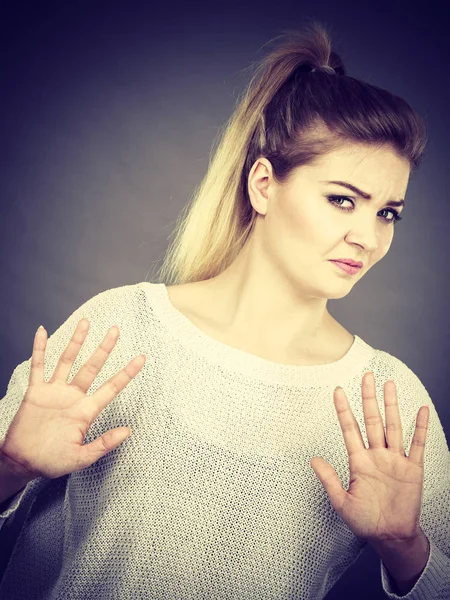 Woman deny something showing stop gesture with hands — Stock Photo, Image