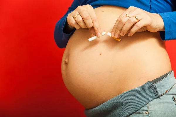 タバコを壊す大きな胃に妊娠中の女性 — ストック写真