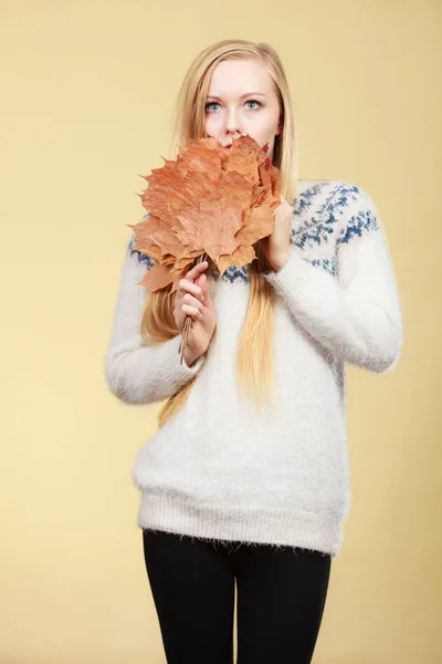 Buket tutan kadın sonbahar yaprakları yapılmış — Stok fotoğraf