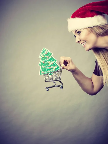 Santa vrouw met winkelwagentje met giften van Kerstmis — Stockfoto