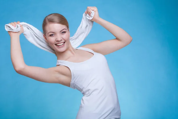 Woman with a towel above her head — Stock Photo, Image