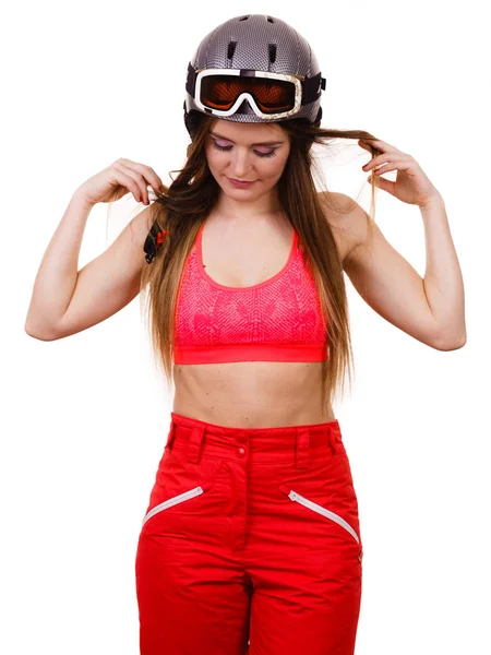 Mujer con traje de esquí y casco con gafas —  Fotos de Stock