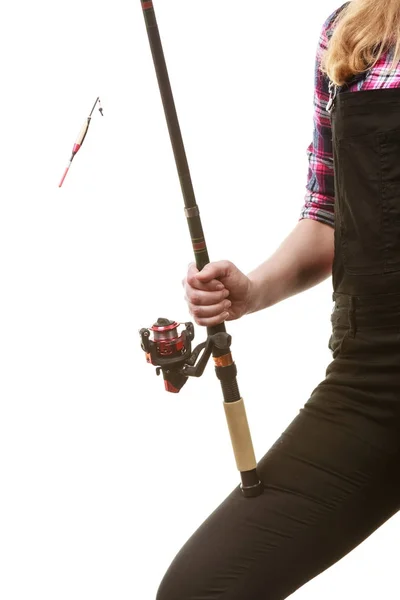 Woman hand holding fishing rod, spinning equipment — Stock Photo, Image