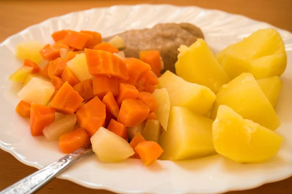 Diner maaltijd, gestoofd wortel, gekookte aardappelen en vlees — Stockfoto