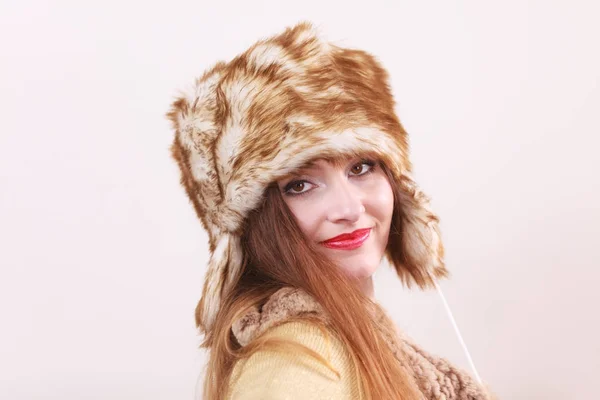 Winter woman in warm clothing fur cap — Stock Photo, Image