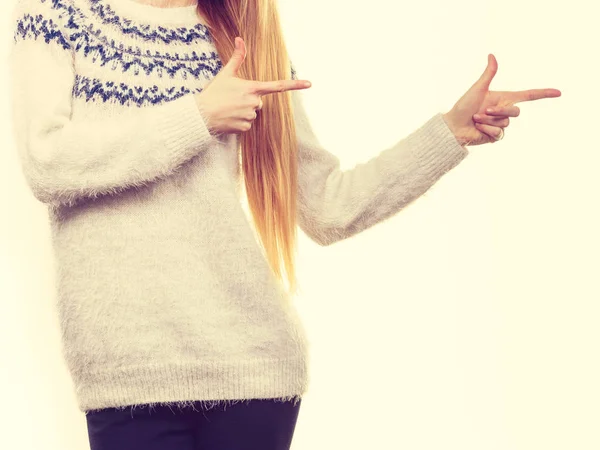 Woman legs in black trousers and furry jumper — Stock Photo, Image