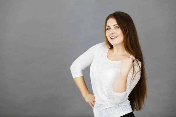 Happy positive woman with long brown hair — Stock Photo, Image