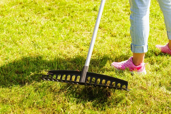 Mujer usando rastrillo para limpiar el césped del jardín —  Fotos de Stock