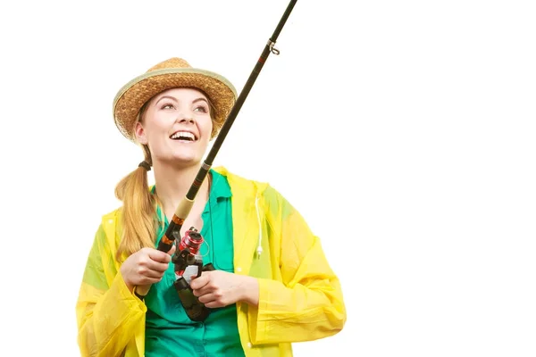 Mulher com haste de pesca, equipamento de fiação — Fotografia de Stock