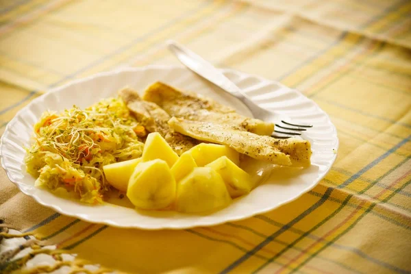 Diner maaltijd vis met salade en aardappelen — Stockfoto