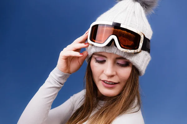 Skier girl wearing warm clothes ski googles portrait. — Stock Photo, Image