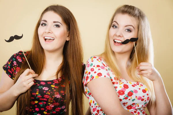 Deux femmes heureuses tenant une fausse moustache sur un bâton — Photo