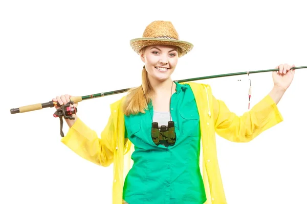 Vrouw met hengel, spinnen apparatuur — Stockfoto