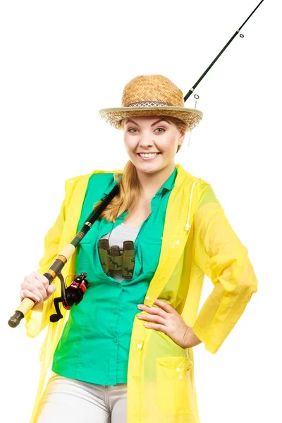 Woman with fishing rod, spinning equipment — Stock Photo, Image