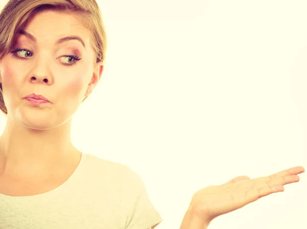 Happy blonde woman presenting with palm hand — Stock Photo, Image