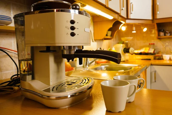 Detailed closeup of coffee maker machine in kitchen — Stock Photo, Image