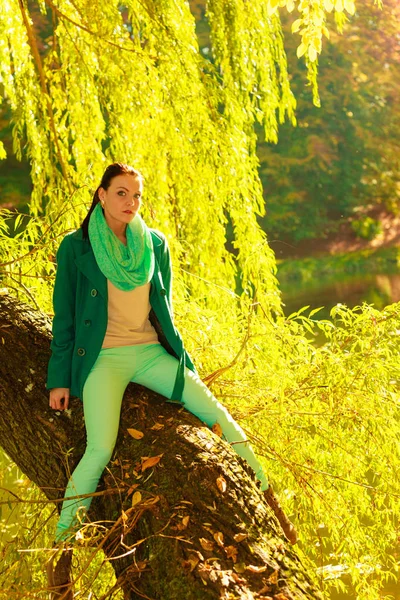 Žena sedí na kmen stromu — Stock fotografie