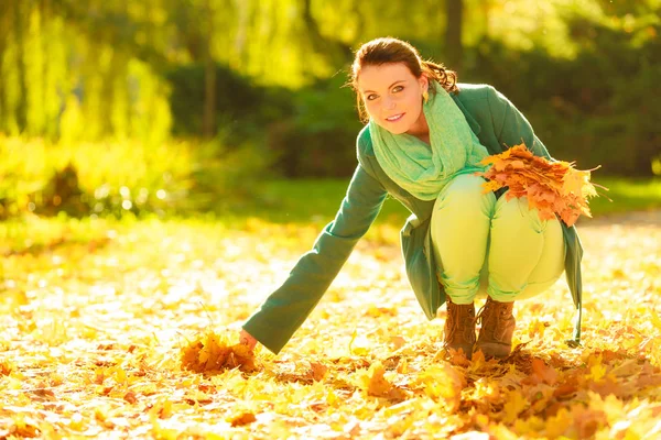 Счастливая женщина собирает листья в парке — стоковое фото