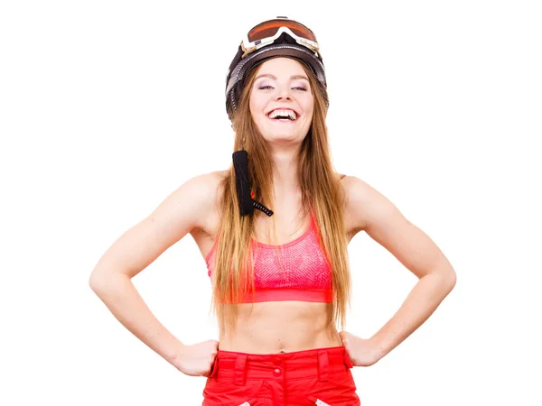 Mujer con traje de esquí y casco con gafas —  Fotos de Stock