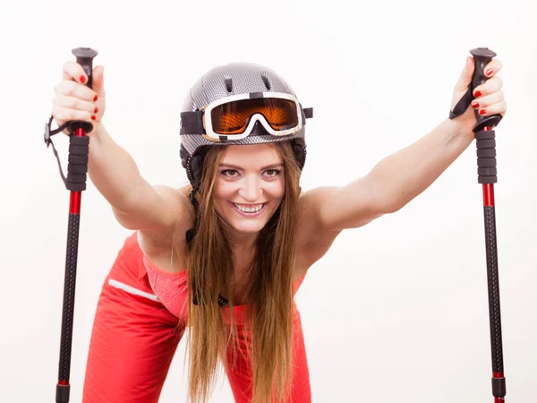 Listo para montar mujer con traje de esquí sosteniendo postes —  Fotos de Stock