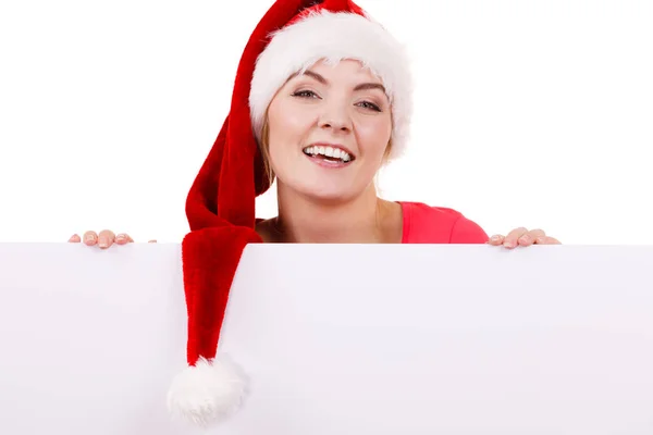 Kobieta z zarządu puste pusty transparent. Boże Narodzenie — Zdjęcie stockowe