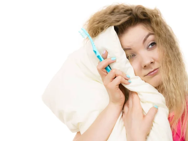 Sleepy woman hugging white pillow — Stock Photo, Image