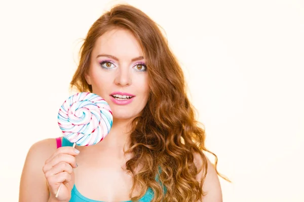 Woman joyful girl with lollipop candy — Stock Photo, Image