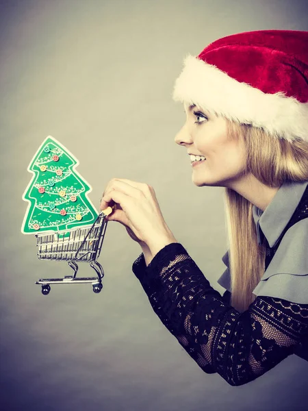 Santa vrouw met winkelwagentje met giften van Kerstmis — Stockfoto