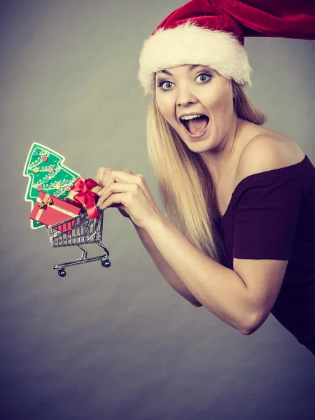 Weihnachtsmann Frau hält Warenkorb mit Weihnachtsgeschenken — Stockfoto