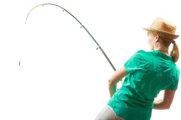 Mulher com haste de pesca, equipamento de fiação — Fotografia de Stock