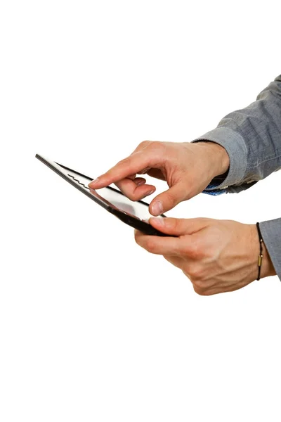 Mann nutzt Tablet-PC, neues Technologiekonzept. — Stockfoto