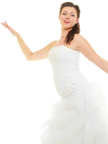 Šťastná nevěsta s mejkapem a svatební šaty — Stock fotografie