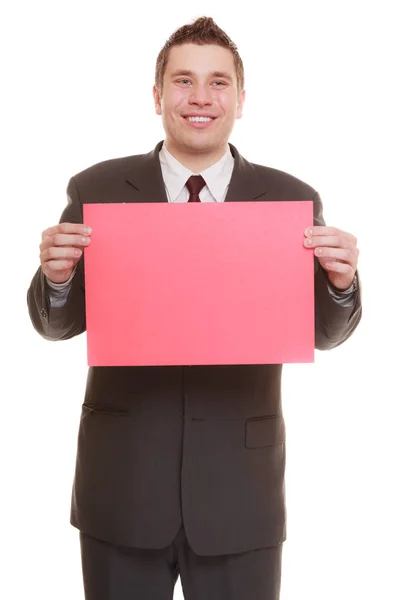 Hombre de negocios sosteniendo signo rojo en blanco —  Fotos de Stock