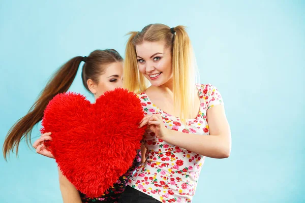 Gelukkig twee vrouwen bedrijf hartvormige kussen — Stockfoto