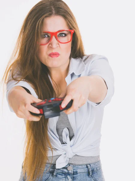 Gamer woman holding gaming pad — Stock Photo, Image