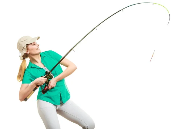 Femme avec canne à pêche, équipement de filature — Photo