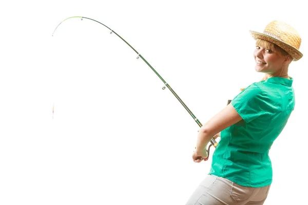 Mulher com haste de pesca, equipamento de fiação — Fotografia de Stock