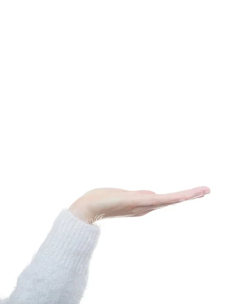 Mulher mão apontando para algo no espaço de cópia — Fotografia de Stock