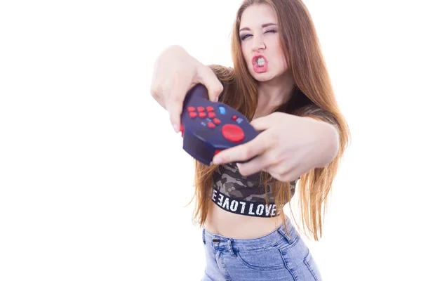 Gamer mujer sosteniendo juego pad — Foto de Stock