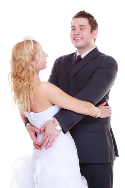 Happy groom and bride posing for marriage photo — Stock Photo, Image