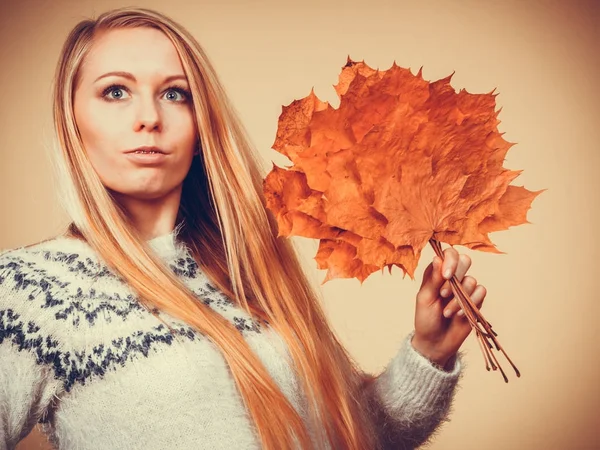 Buket tutan kadın sonbahar yaprakları yapılmış — Stok fotoğraf