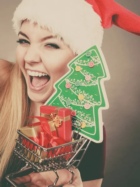 Szczęśliwa kobieta gospodarstwa koszyk z prezenty świąteczne — Zdjęcie stockowe