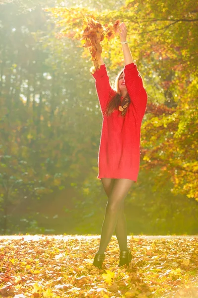 Chica alegre divirtiéndose con hojas en el parque otoñal . — Foto de Stock