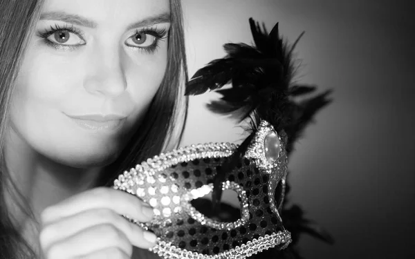 Woman holding carnival mask closeup — Stock Photo, Image