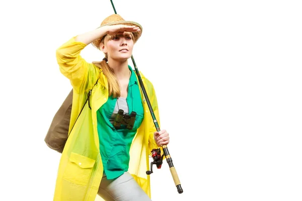 Mulher com haste de pesca, equipamento de fiação — Fotografia de Stock