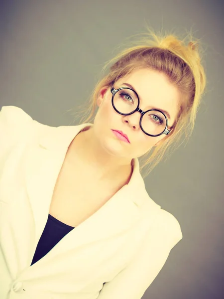 Bored focused college woman teacher wearing eyeglasses — Stock Photo, Image