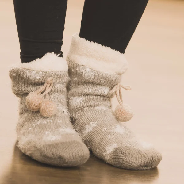 Girl wearing winter warm socks. — Stock Photo, Image