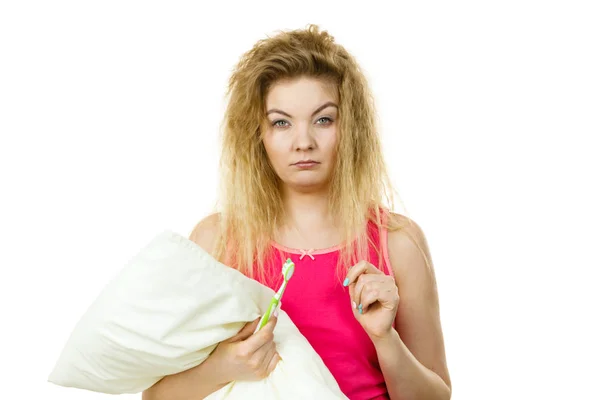 Sleepy woman hugging white pillow — Stock Photo, Image