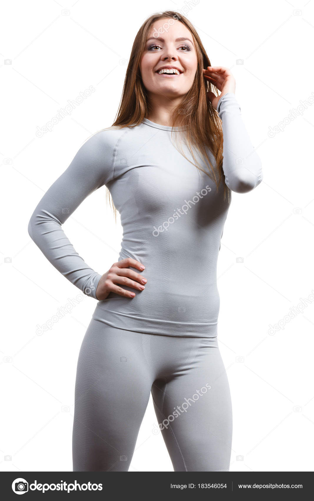 Woman with sportive figure in tights underwear Stock Photo by