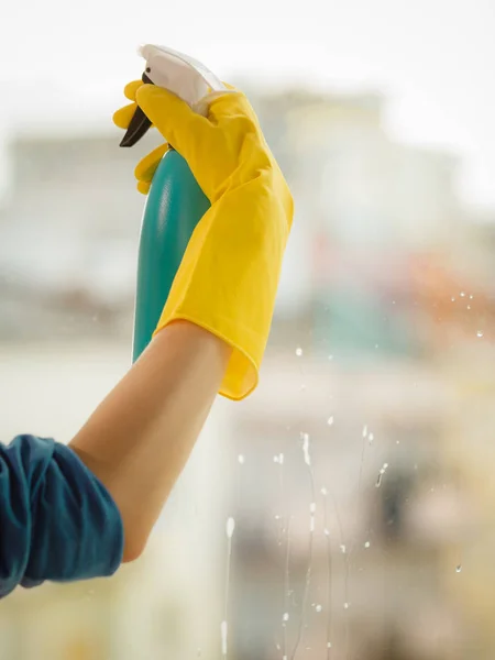 Παράθυρο καθαρισμού χεριών στο σπίτι χρησιμοποιώντας απορρυπαντικό κουρέλι — Φωτογραφία Αρχείου